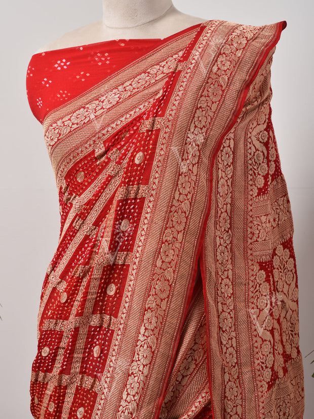 Red  Bandhani Zari Saree