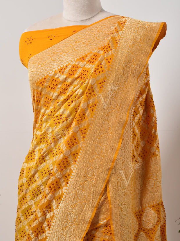 Yellow  Bandhani Zari Saree