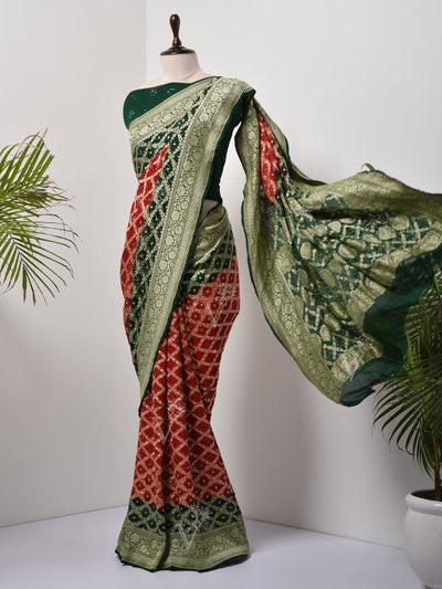 Red And Green  Bandhani Zari Saree