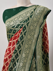 Red And Green  Bandhani Zari Saree