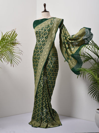 Green  Bandhani Zari Saree