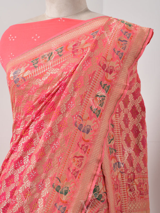 Peach  Bandhani Zari Saree