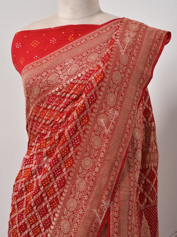 Red  Bandhani Zari Saree