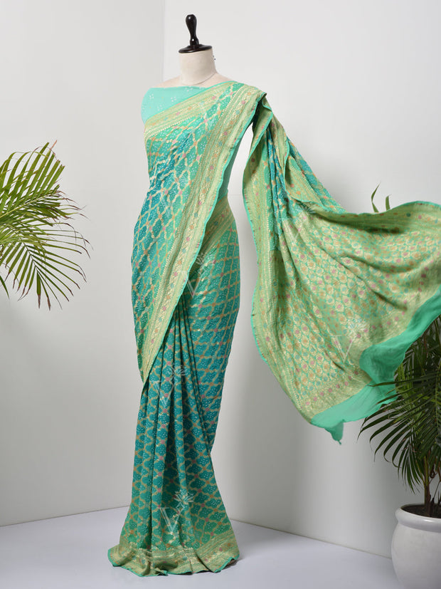 Sea Green  Bandhani Zari Saree