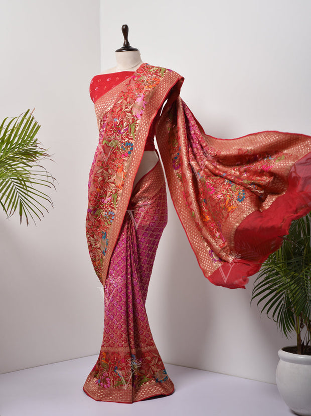 Red  Bandhani Zari Saree