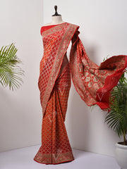 Red And Orange  Bandhani Zari Saree