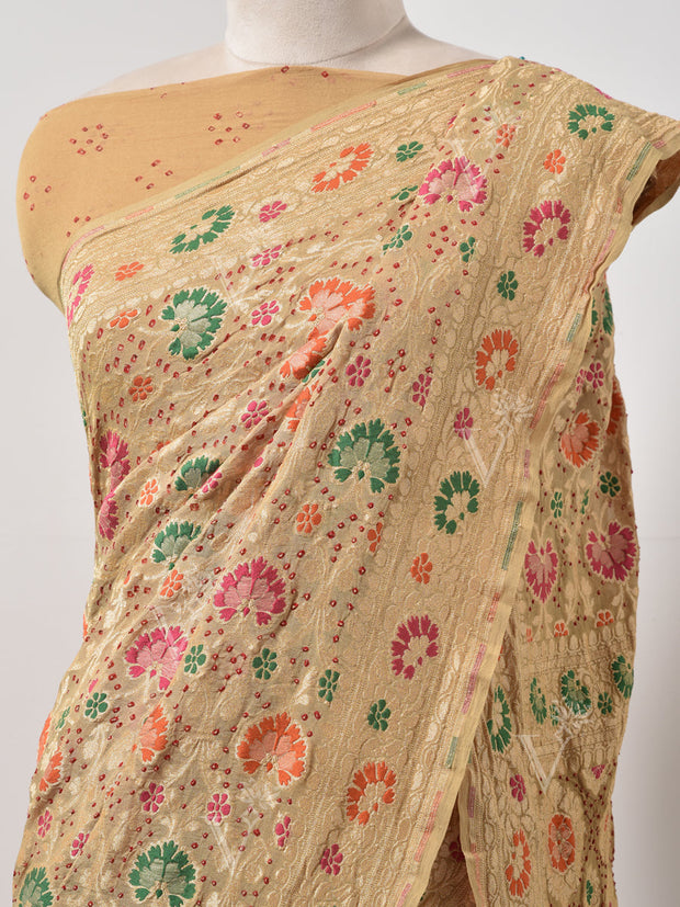 Beige  Bandhani Zari Saree