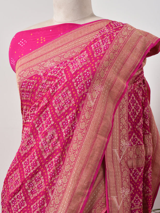 Magenta Pink  Bandhani Zari Saree