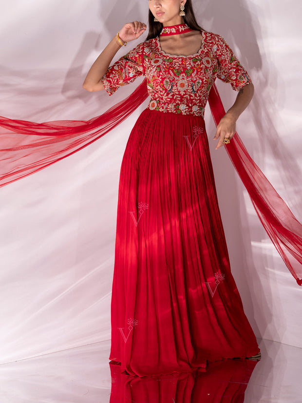 Red Wrinkle Crepe Gown