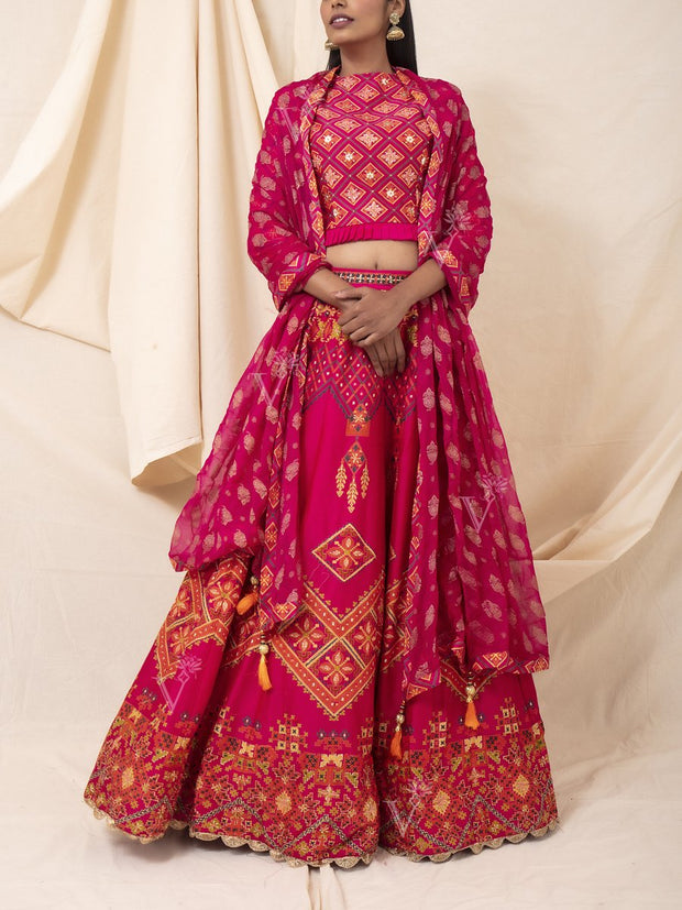 Hot Pink Handcrafted Silk Lehenga Set