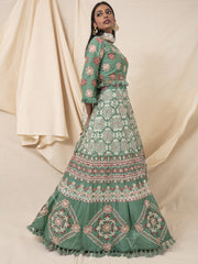 Green Geometrical Handcrafted Silk Lehenga Set