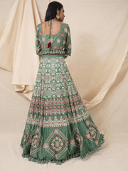 Green Geometrical Handcrafted Silk Lehenga Set