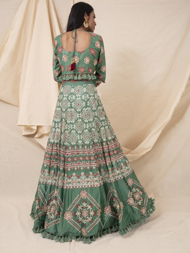 Green Geometrical Handcrafted Silk Lehenga Set