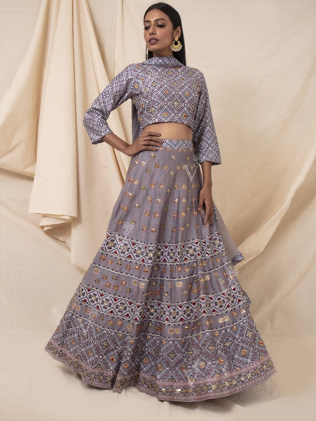 Grey Geometrical Handcrafted Silk Lehenga Set