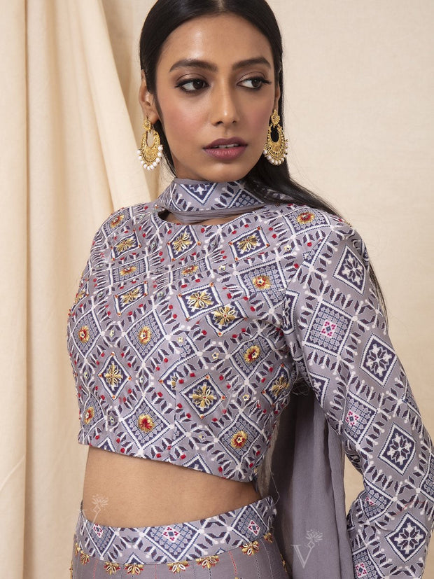 Grey Geometrical Handcrafted Silk Lehenga Set