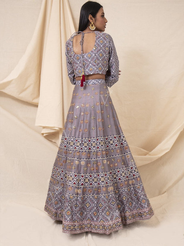 Grey Geometrical Handcrafted Silk Lehenga Set