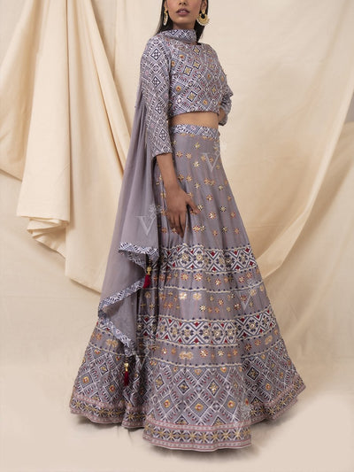 Grey Geometrical Handcrafted Silk Lehenga Set