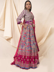 Grey And Pink Silk Floral Lehenga Set