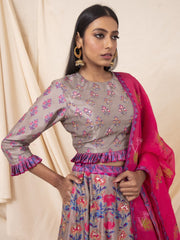 Grey And Pink Silk Floral Lehenga Set