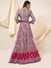 Grey And Pink Silk Floral Lehenga Set