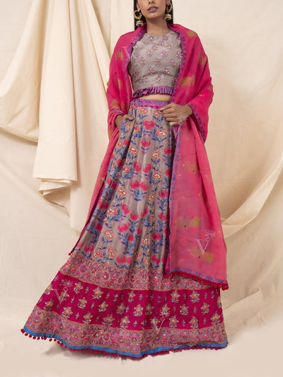 Grey And Pink Silk Floral Lehenga Set