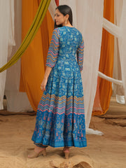 Blue Vasansi Silk Printed Anarkali Slit Gown with Pant