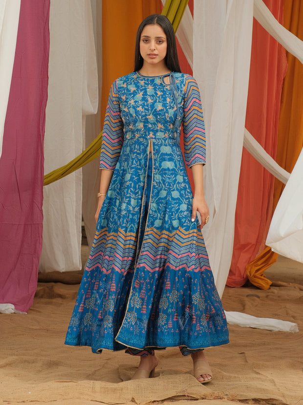 Blue Vasansi Silk Printed Anarkali Slit Gown with Pant