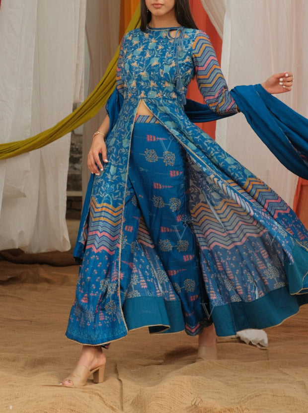 Blue Vasansi Silk Printed Anarkali Slit Gown with Pant