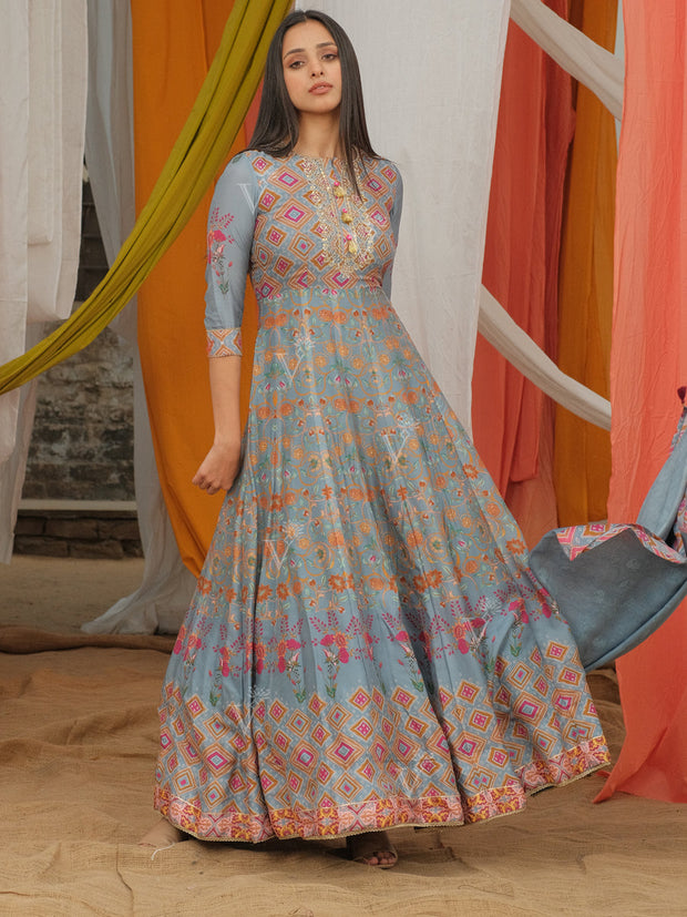 Grey Vasansi Silk Printed Anarkali Gown