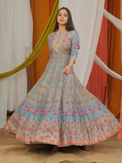 Grey Vasansi Silk Printed Anarkali Gown