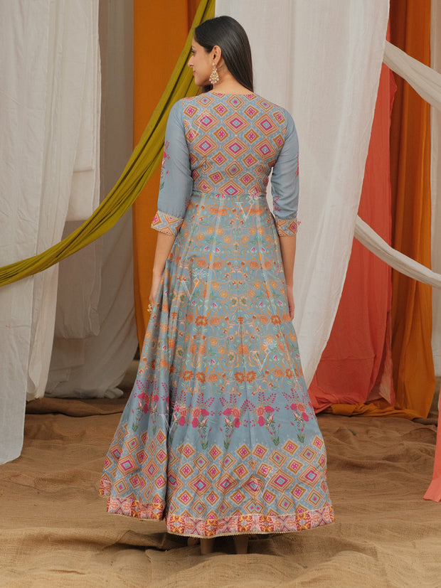 Grey Vasansi Silk Printed Anarkali Gown