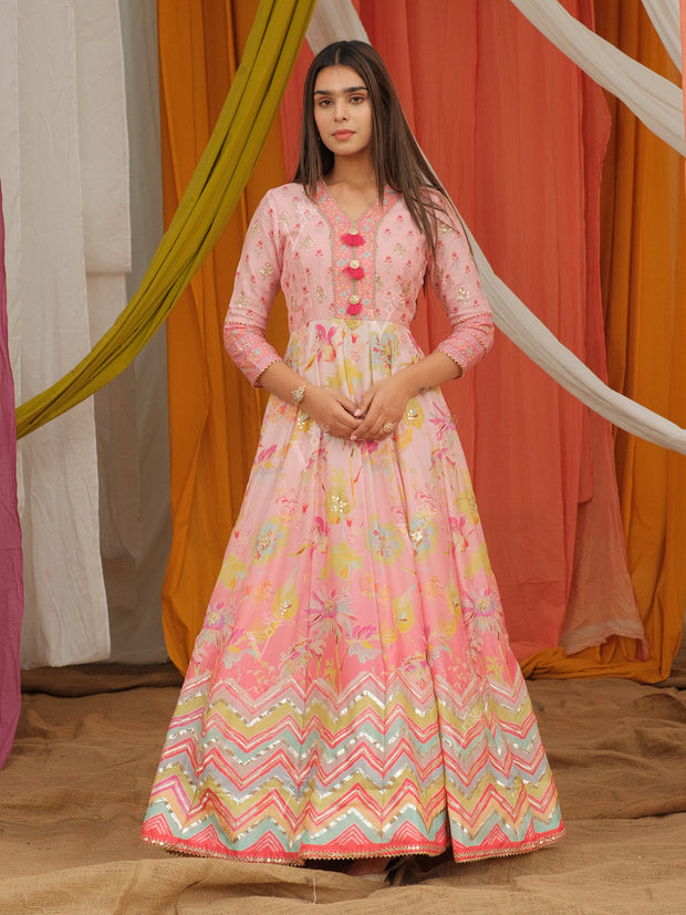 Pink Vasansi Silk Printed Anarkali Gown