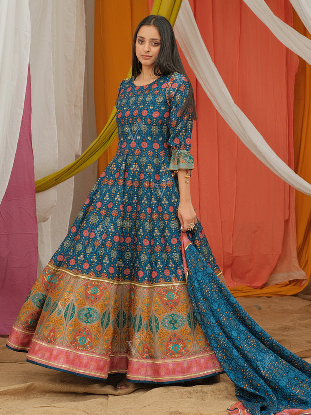 Blue Vasansi Silk Printed Anarkali Gown