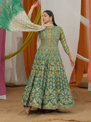 Green Vasansi Silk printed Anarkali Gown