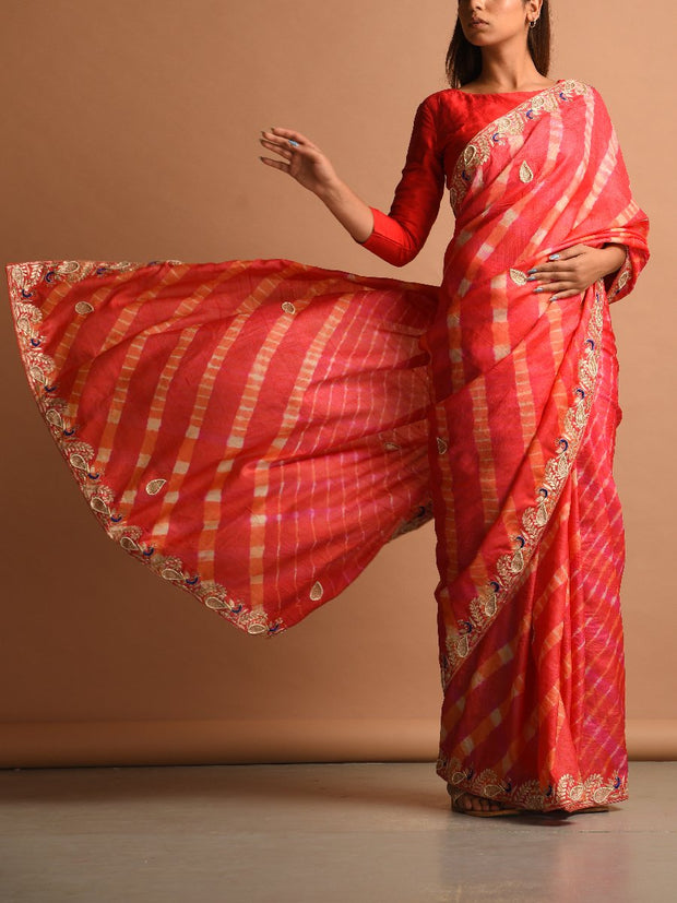 Coral Leheriya Gota Patti Saree