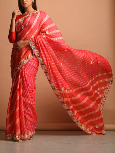 Coral Leheriya Gota Patti Saree