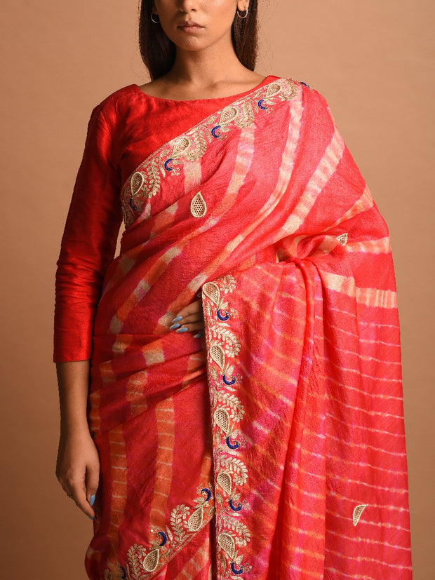 Coral Leheriya Gota Patti Saree