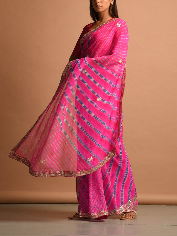 Pink Pure Georgette Bandhani Gota Patti Saree