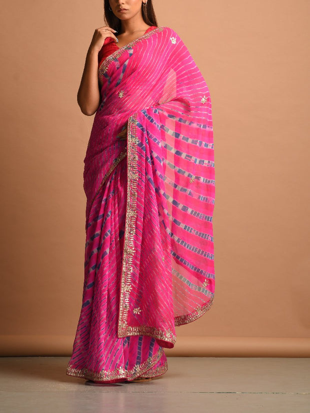 Pink Pure Georgette Bandhani Gota Patti Saree