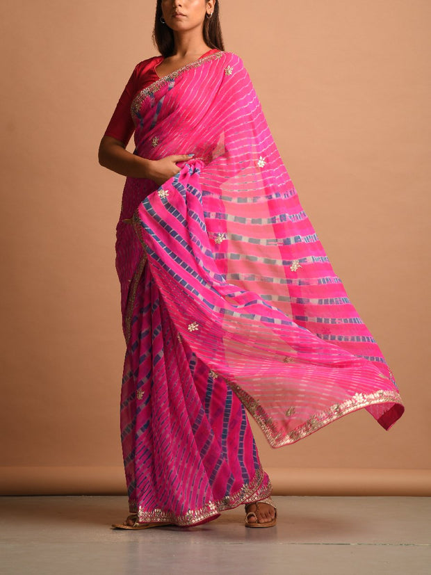 Pink Pure Georgette Bandhani Gota Patti Saree