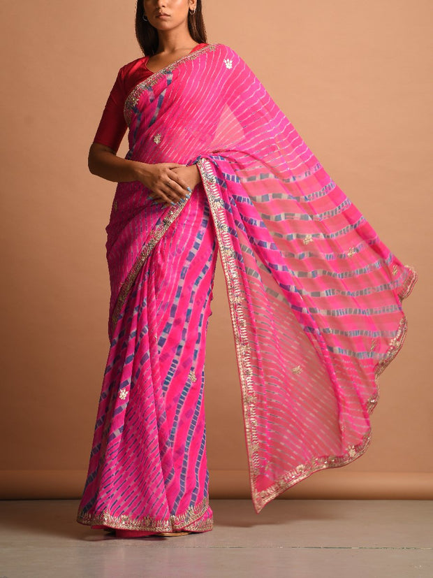 Pink Pure Georgette Bandhani Gota Patti Saree