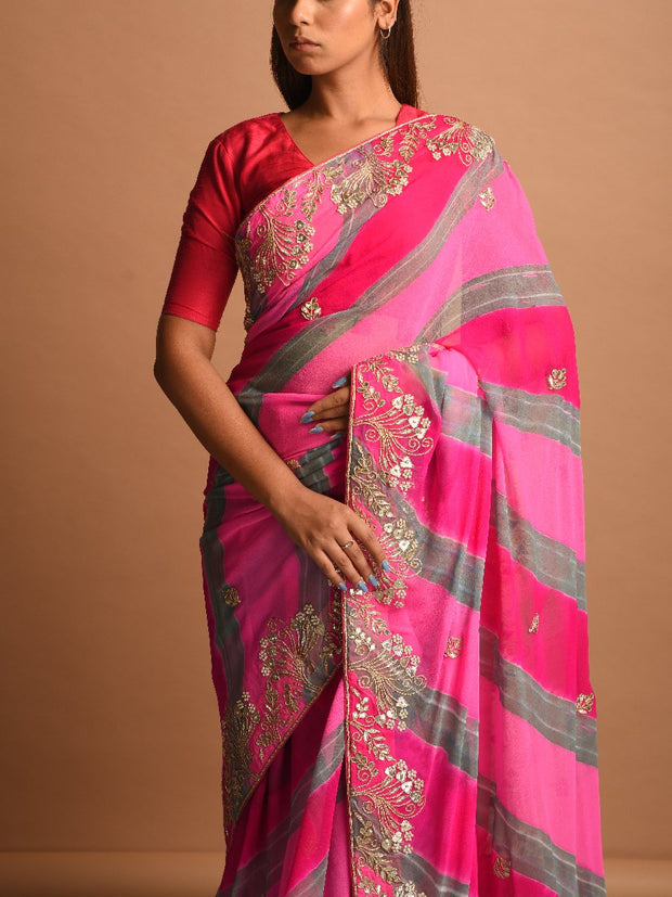 Pink Pure Georgette Gota Patti Saree