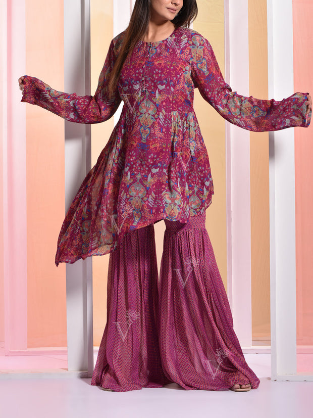 Magenta Wrinkle Crepe Sharara Set