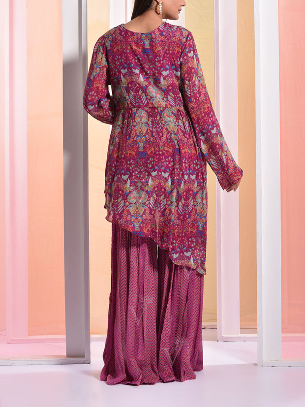 Magenta Wrinkle Crepe Sharara Set