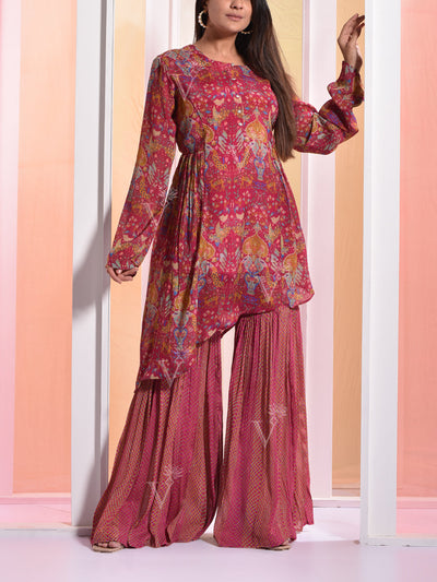 Marron Wrinkle Crepe Sharara Set