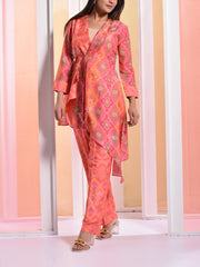 Peach Printed Angrakha Jacket Set