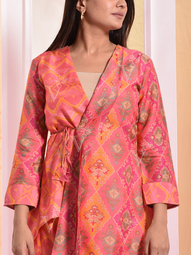 Peach Printed Angrakha Jacket Set