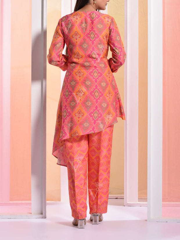 Peach Printed Angrakha Jacket Set