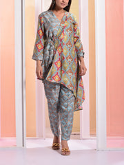 Grey Printed Angrakha Jacket Set