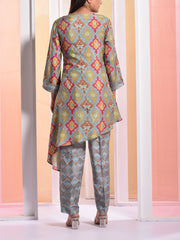 Grey Printed Angrakha Jacket Set